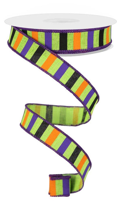 Wired Ribbon * Horizontal Stripes * Lime, Orange, Purple and Black Canvas * 5/8" x 10 Yards * RGE1264E9