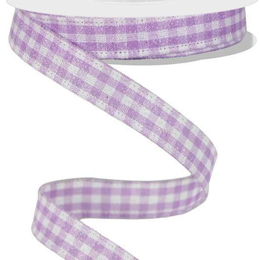 Wired Ribbon * Glitter Gingham Check * Lavender and White Canvas * 5/8" x 10 Yards * RGE126613