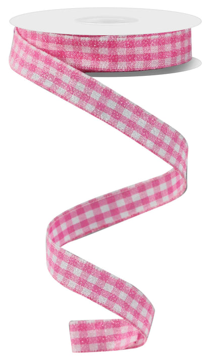 Wired Ribbon * Glitter Gingham Check * Pink and White Canvas * 5/8" x 10 Yards * RGE126622