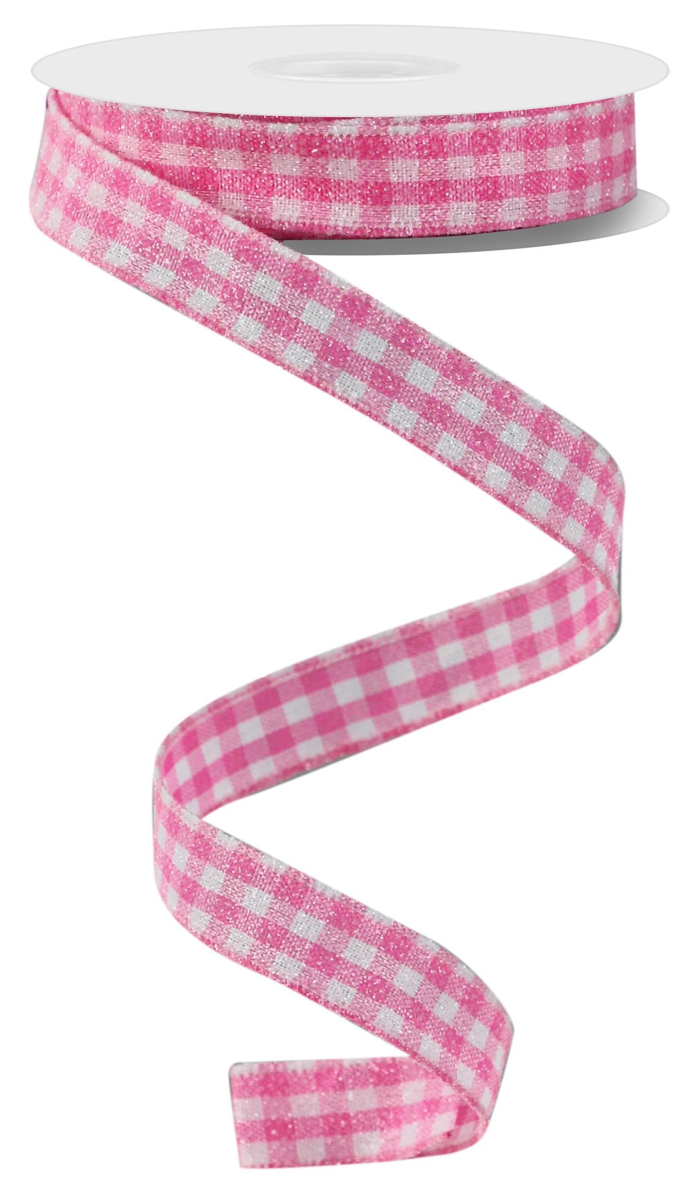 Wired Ribbon * Glitter Gingham Check * Pink and White Canvas * 5/8 x 10  Yards * RGE126622
