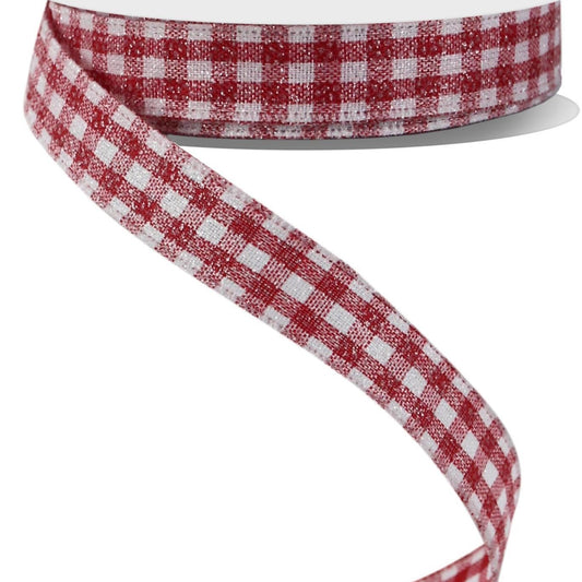 Wired Ribbon * Glitter Gingham Check * Red and White Canvas * 5/8" x 10 Yards * RGE12624