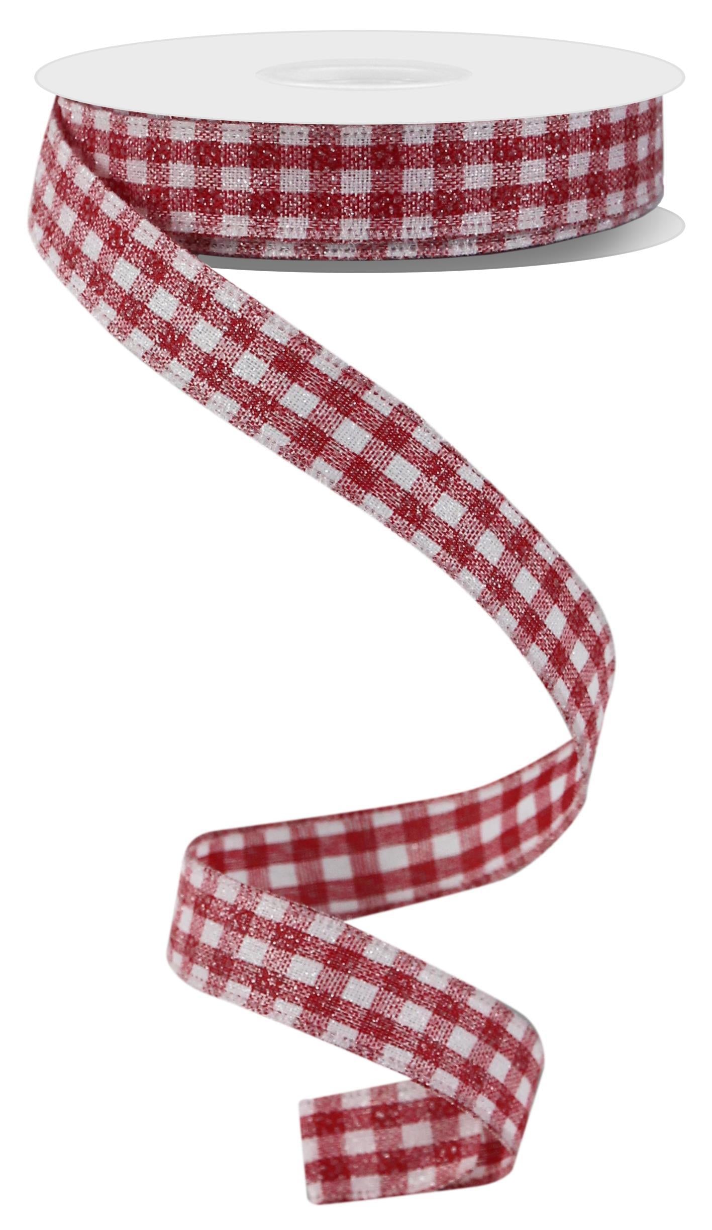 Wired Ribbon * Glitter Gingham Check * Red and White Canvas * 5/8" x 10 Yards * RGE12624