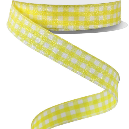 Wired Ribbon * Glitter Gingham Check * Yellow and White Canvas * 5/8" x 10 Yards * RGE12629