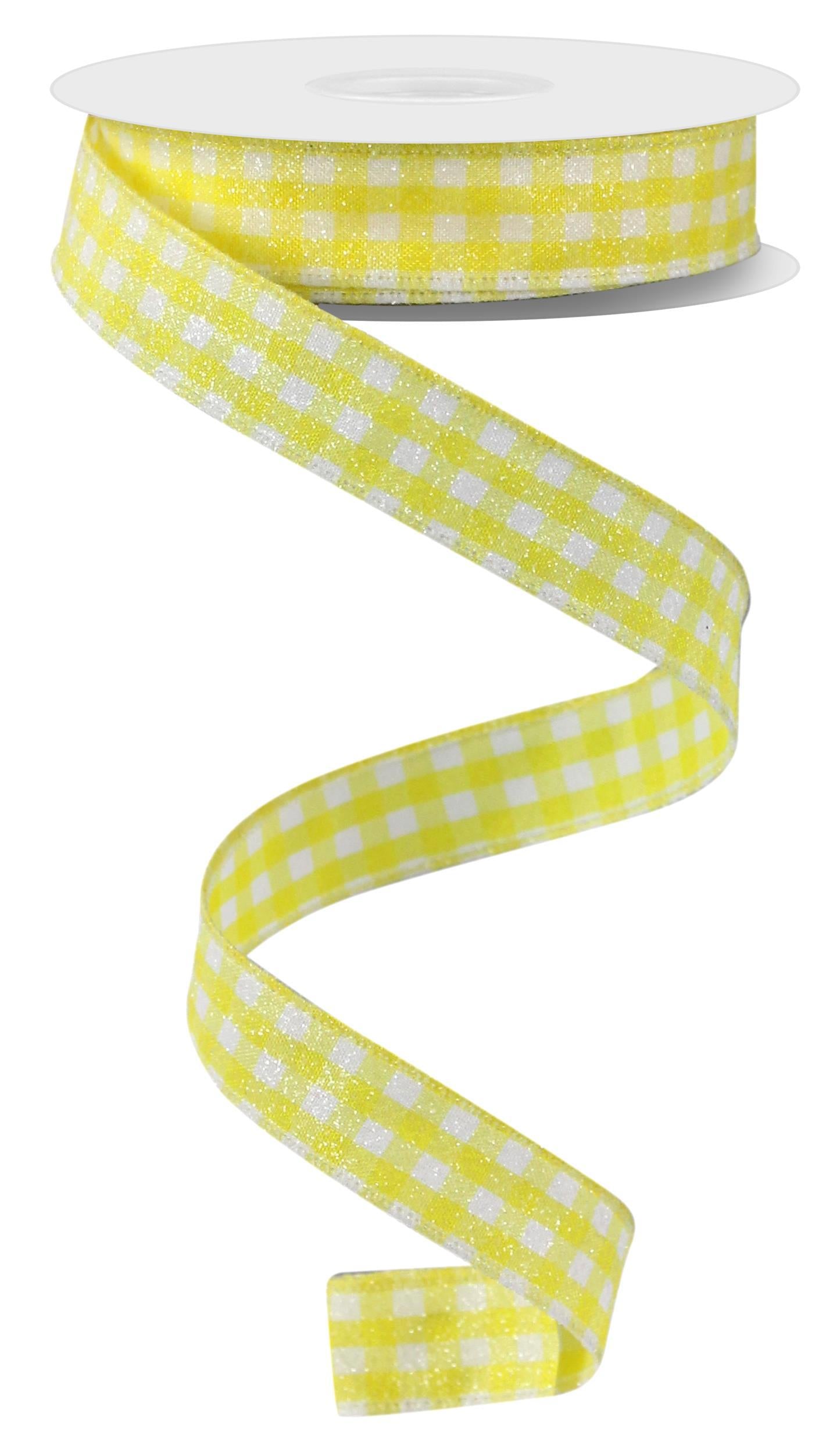 Wired Ribbon * Glitter Gingham Check * Yellow and White Canvas * 5/8" x 10 Yards * RGE12629