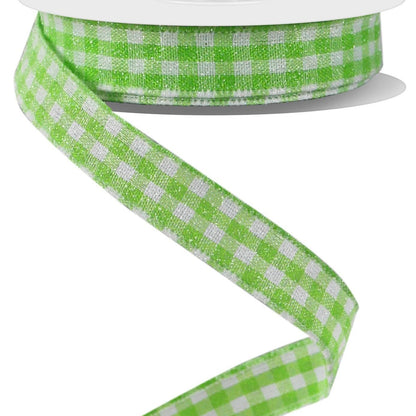 Wired Ribbon * Glitter Gingham Check * Lime and White Canvas * 5/8" x 10 Yards * RGE12633