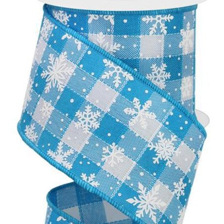 Wired Ribbon * Snowflakes On Check * Blue and White Canvas  * 2.5" x 10 Yards * RGE1322