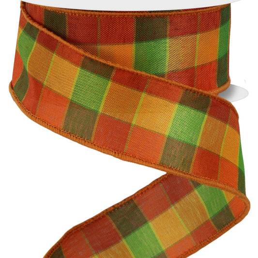 Wired Ribbon * Plaid Check * Orange, Yellow and Lime * 1.5" x 10 Yards * Canvas * RGE1344