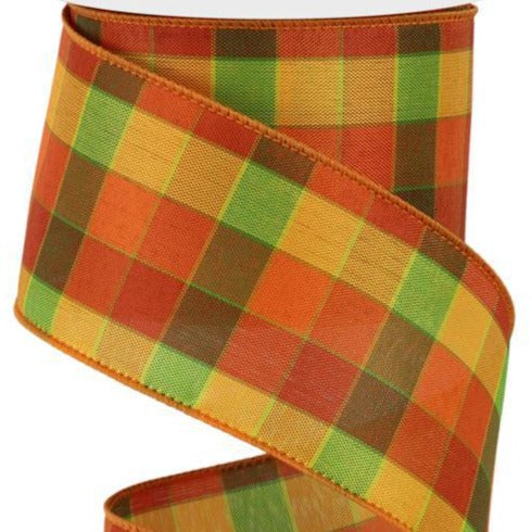 Wired Ribbon * Plaid Check * Orange, Yellow and Lime * 2.5" x 10 Yards Canvas * RGE1345