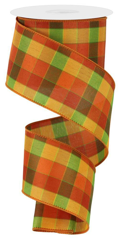 Wired Ribbon * Plaid Check * Orange, Yellow and Lime * 2.5" x 10 Yards Canvas * RGE1345