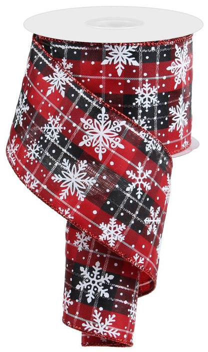 Wired Ribbon * Metallic Plaid Snowflake  * Red, Black, Silver and White * 2.5" x 10 Yards  Canvas * RGE1351