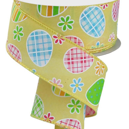 Wired Ribbon * Check Plaid Eggs With Daisies * Soft Yellow, Blue, Lime, Pink and Gold PG Canvas * 1.5" x 10 Yards * RGE140529