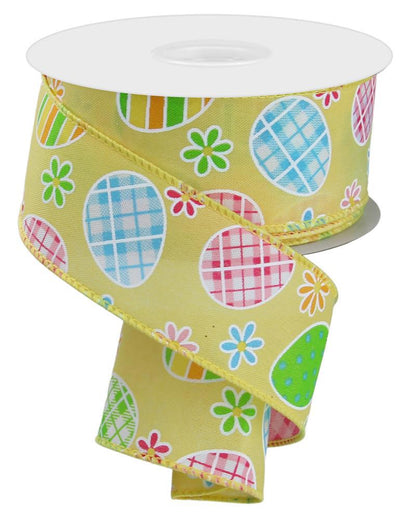 Wired Ribbon * Check Plaid Eggs With Daisies * Soft Yellow, Blue, Lime, Pink and Gold PG Canvas * 1.5" x 10 Yards * RGE140529
