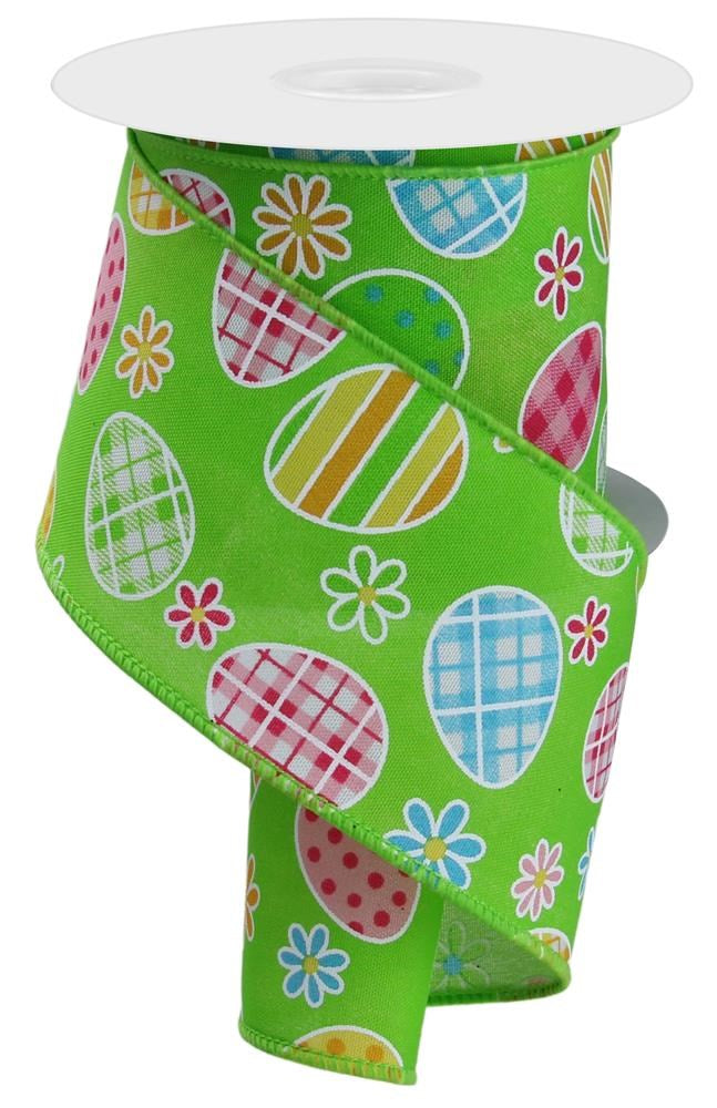 Wired Ribbon * Check Plaid Eggs With Daisies * Green, Blue, Lime, Pink, Gold and Yellow PG Canvas * 2.5" x 10 Yards * RGE1406A4