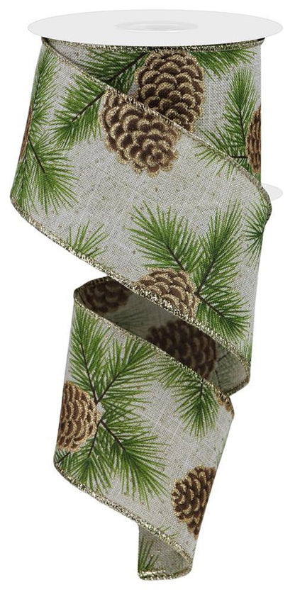 Wired Ribbon * Pinecone, Pine Needles * Lt. Beige, Brown, Green and Gold Canvas * 2.5" x 10 Yards * RGE150101