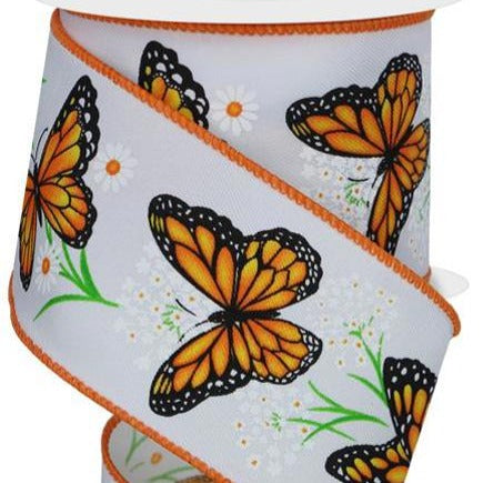 Wired Ribbon * Monarch Butterfly With Daisies *  White, Dk. Orange, Yellow and Black Diag. Weave Canvas  * 2.5" x 10 Yards * RGE150527