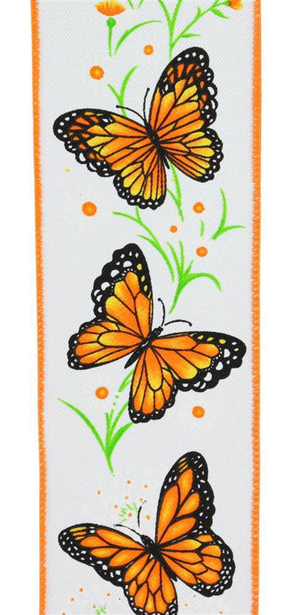 Wired Ribbon * Monarch Butterfly With Daisies *  White, Dk. Orange, Yellow and Black Diag. Weave Canvas  * 2.5" x 10 Yards * RGE150527