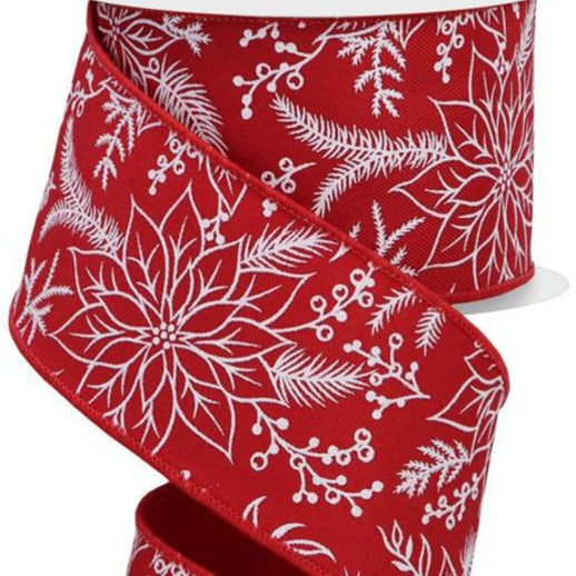 Wired Ribbon * Poinsettia Christmas Foliage * Red and White 2.5" x 10 Yards * RGE151624 * Canvas