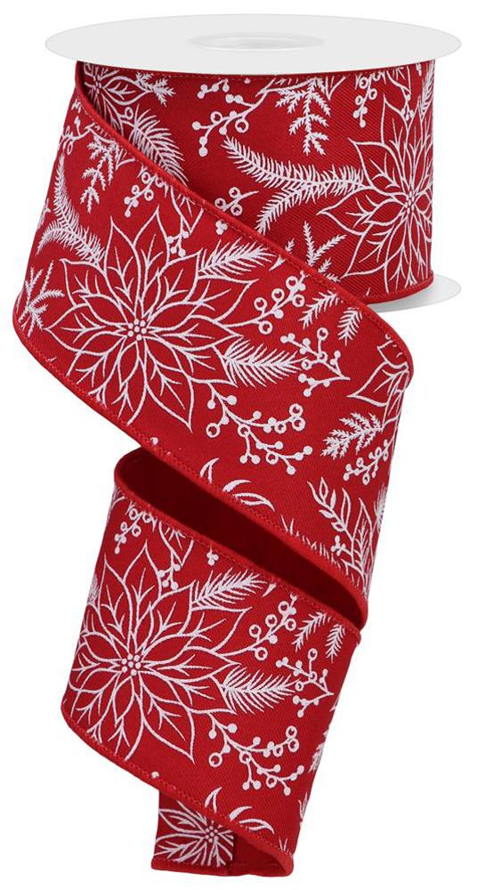 Wired Ribbon * Poinsettia Christmas Foliage * Red and White 2.5" x 10 Yards * RGE151624 * Canvas