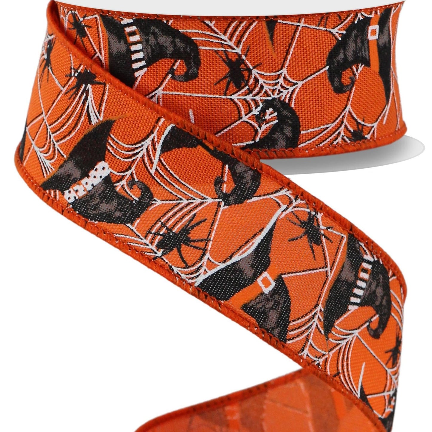 Wired Ribbon * Witch Hats and Spiders * Orange, White, Black and Grey 1.5" x 10 Yards Canvas * RGE153620