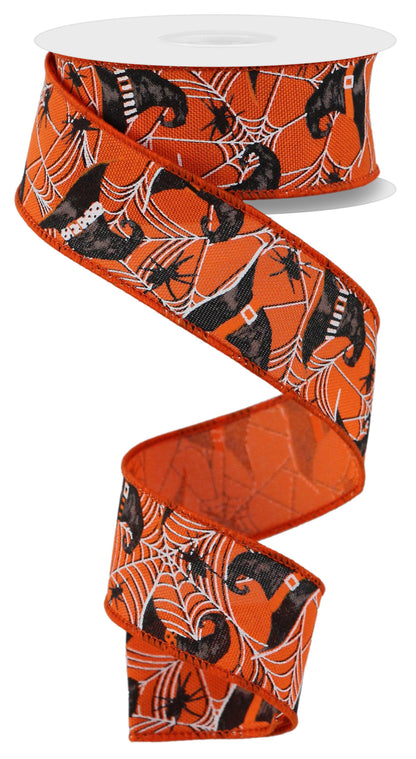 Wired Ribbon * Witch Hats and Spiders * Orange, White, Black and Grey 1.5" x 10 Yards Canvas * RGE153620