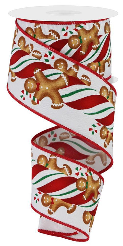 Wired Ribbon * Gingerbread Kids and Candy *  White, Red, Green and Brown Canvas  * 2.5" x 10 Yards * RGE158067