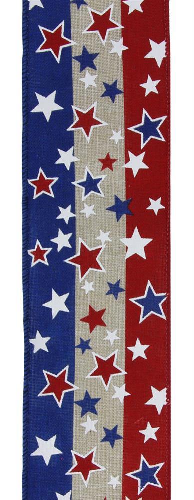 Patriotic Wired Ribbon * Multi Stars on Stripes * Lt Natural, Red, White and Navy * 2.5" x 10 Yards * RGE1637KH * Royal Canvas