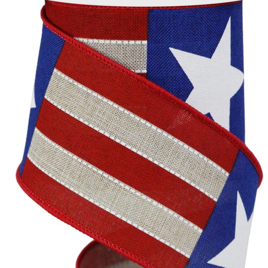 Patriotic Wired Ribbon * Bold Stars / Stripes * Lt Natural, Red, White and Navy * 2.5" x 10 Yards * RGE1639KH * Royal Canvas