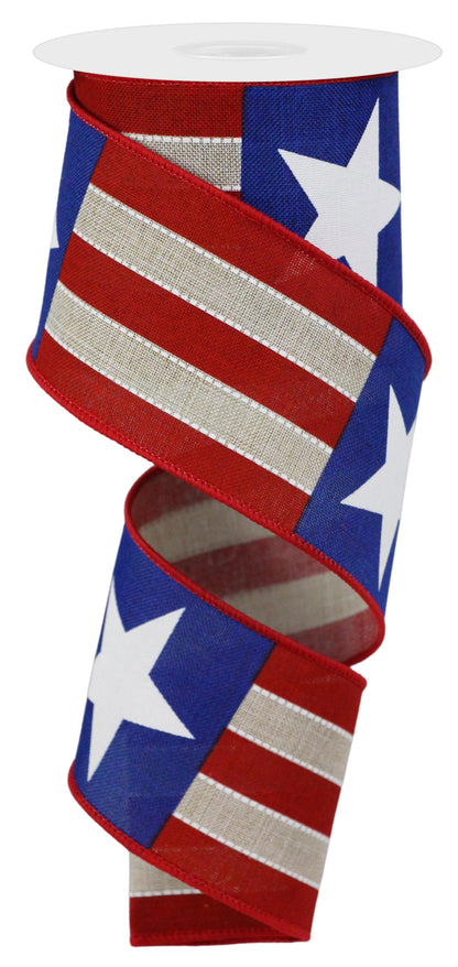 Patriotic Wired Ribbon * Bold Stars / Stripes * Lt Natural, Red, White and Navy * 2.5" x 10 Yards * RGE1639KH * Royal Canvas