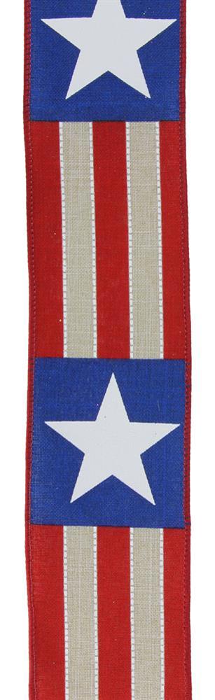 Patriotic Wired Ribbon * Bold Stars / Stripes * Lt Natural, Red, White and Navy * 2.5" x 10 Yards * RGE1639KH * Royal Canvas