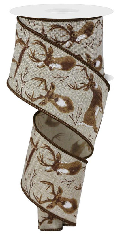 Wired Ribbon * Deer * Natural, White, Brown and Tan * 2.5" x 10 Yards  Canvas * RGE174818