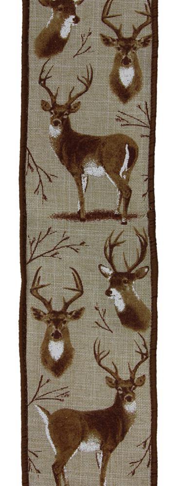 Wired Ribbon * Deer * Natural, White, Brown and Tan * 2.5" x 10 Yards  Canvas * RGE174818