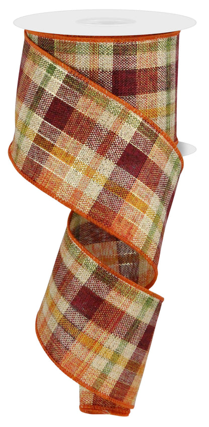 Wired Ribbon * Woven Plaid with Metallic Gold Thread * Burgundy, Orange, Yellow, Cream and Green * 2.5" x 10 Yards Canvas * RGE1771