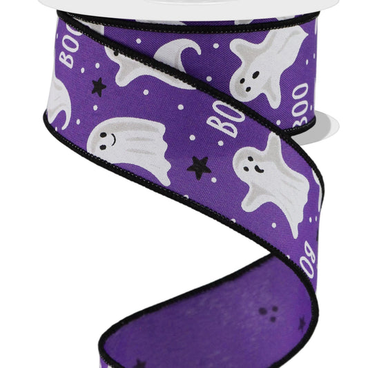 Wired Ribbon * Ghosts Boo * Purple, White and Black * 1.5" x 10 Yards * Canvas * RGE181723