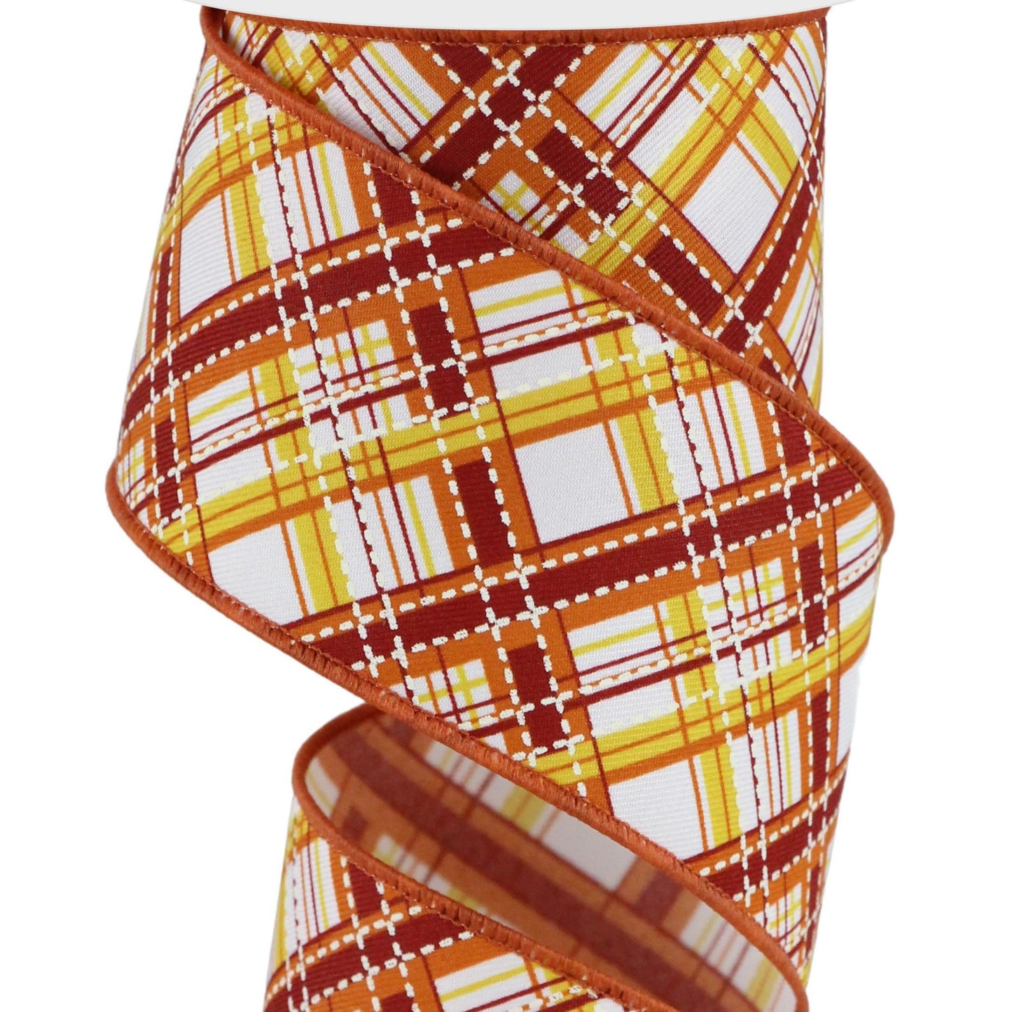 Wired Ribbon * Diagonal Dash Plaid * White, Mustard, Orange, Burgundy and Cream * 2.5" x 10 Yards * RGE1850F4 * Canvas