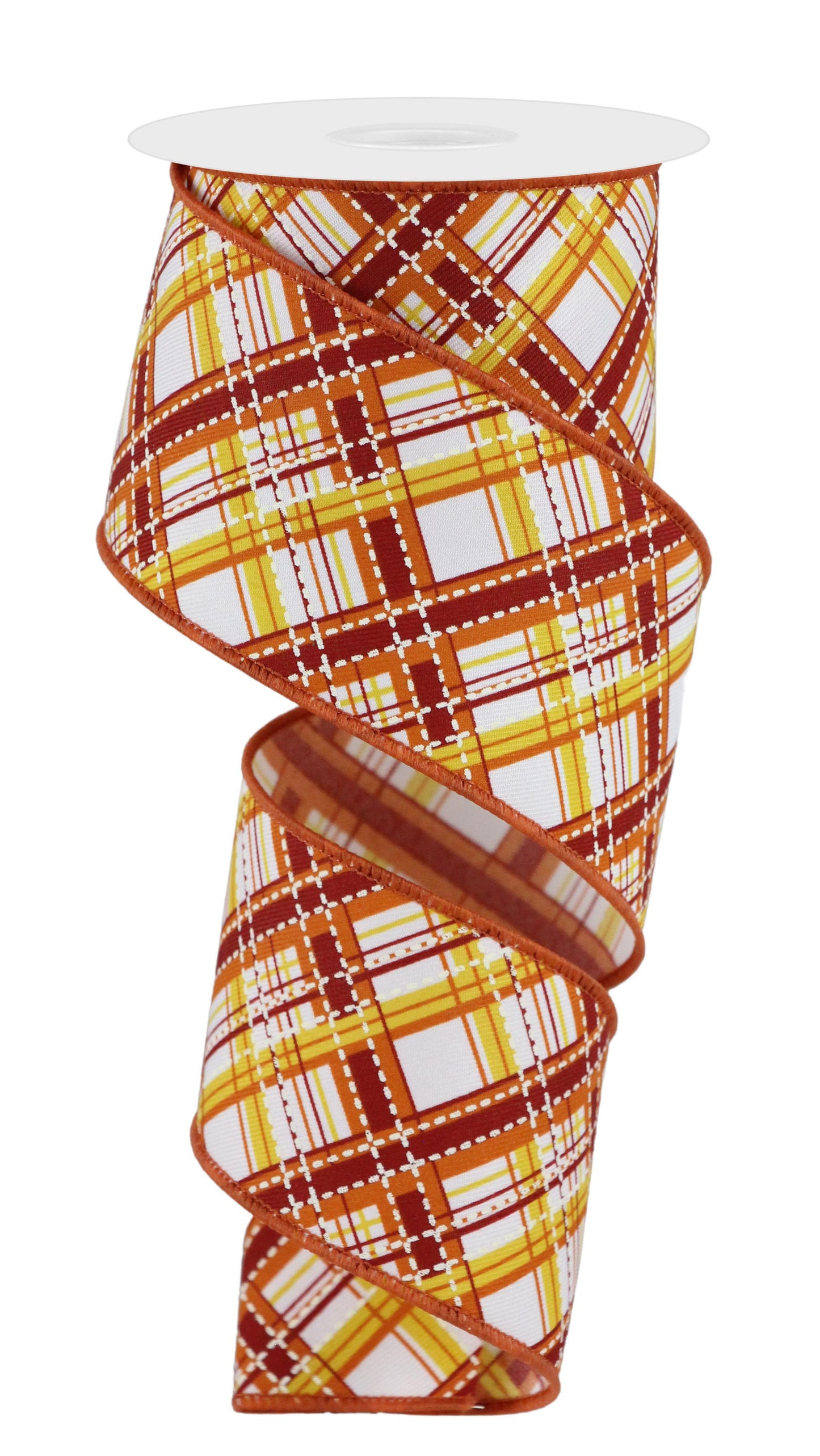 Wired Ribbon * Diagonal Dash Plaid * White, Mustard, Orange, Burgundy and Cream * 2.5" x 10 Yards * RGE1850F4 * Canvas