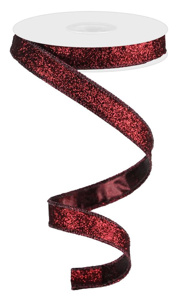 Wired Ribbon * Glitter on Metallic * Cranberry Canvas * 5/8" x 10 Yards * RJ203058