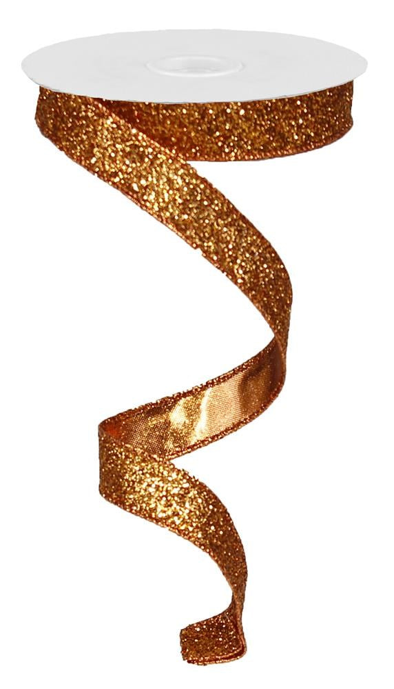 Wired Ribbon * Glitter on Metallic * Copper Canvas * 5/8" x 10 Yards * RJ203068