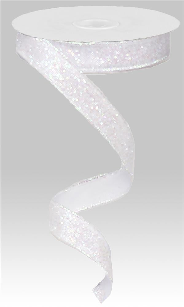 Wired Ribbon * Glitter on Fabric * Iridescent White Canvas * 5/8 x 10  Yards * RJ2031