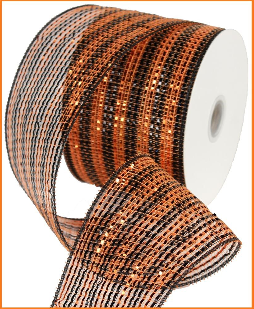 Wide Foil Stripe Mesh Ribbon * Black and Orange * 4" x 25 Yards * RR4063KA