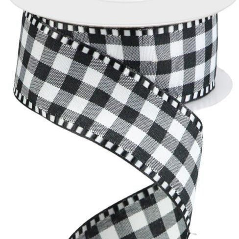 Wired Ribbon * Gingham Check with Edging * Black and White Canvas * Farmhouse * 1.5" x 10 Yards * RW813802