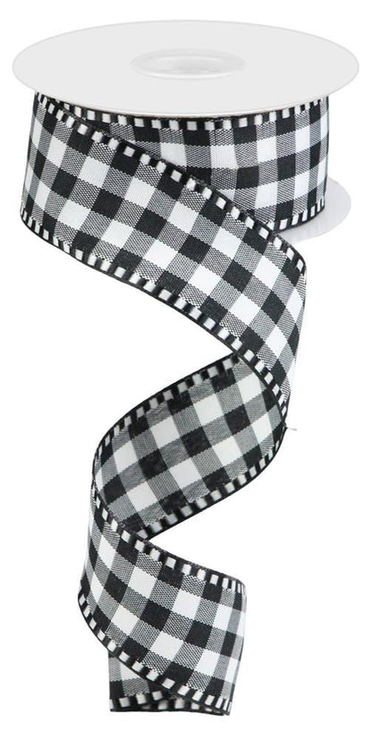 Wired Ribbon * Gingham Check with Edging * Black and White Canvas * Farmhouse * 1.5" x 10 Yards * RW813802