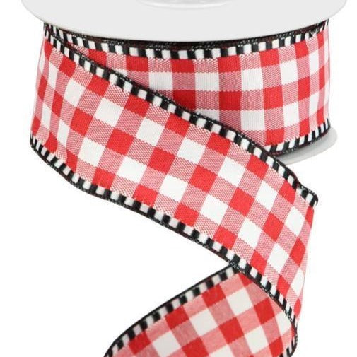 Wired Ribbon * Gingham Check with Edging * Red, White and Black Canvas * Farmhouse * 1.5" x 10 Yards * RW813824