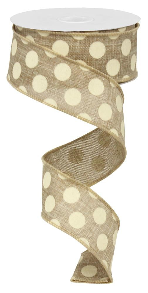 Wired Ribbon * Medium Polka Dot * Beige and Ivory Canvas * 1.5" x 10 Yards * RX9145TT