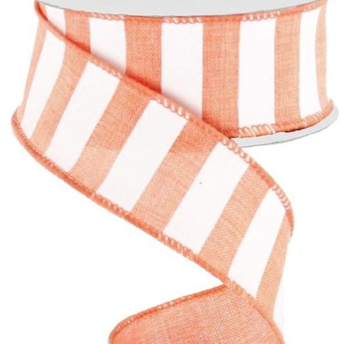 Wired Ribbon * Horizontal Stripe * Coral and White Canvas * 1.5" x 10 Yards * RX914876