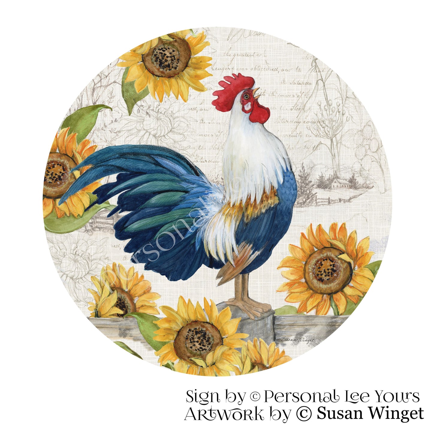Susan Winget Exclusive Sign * Sunflower Rooster * Round * Lightweight Metal