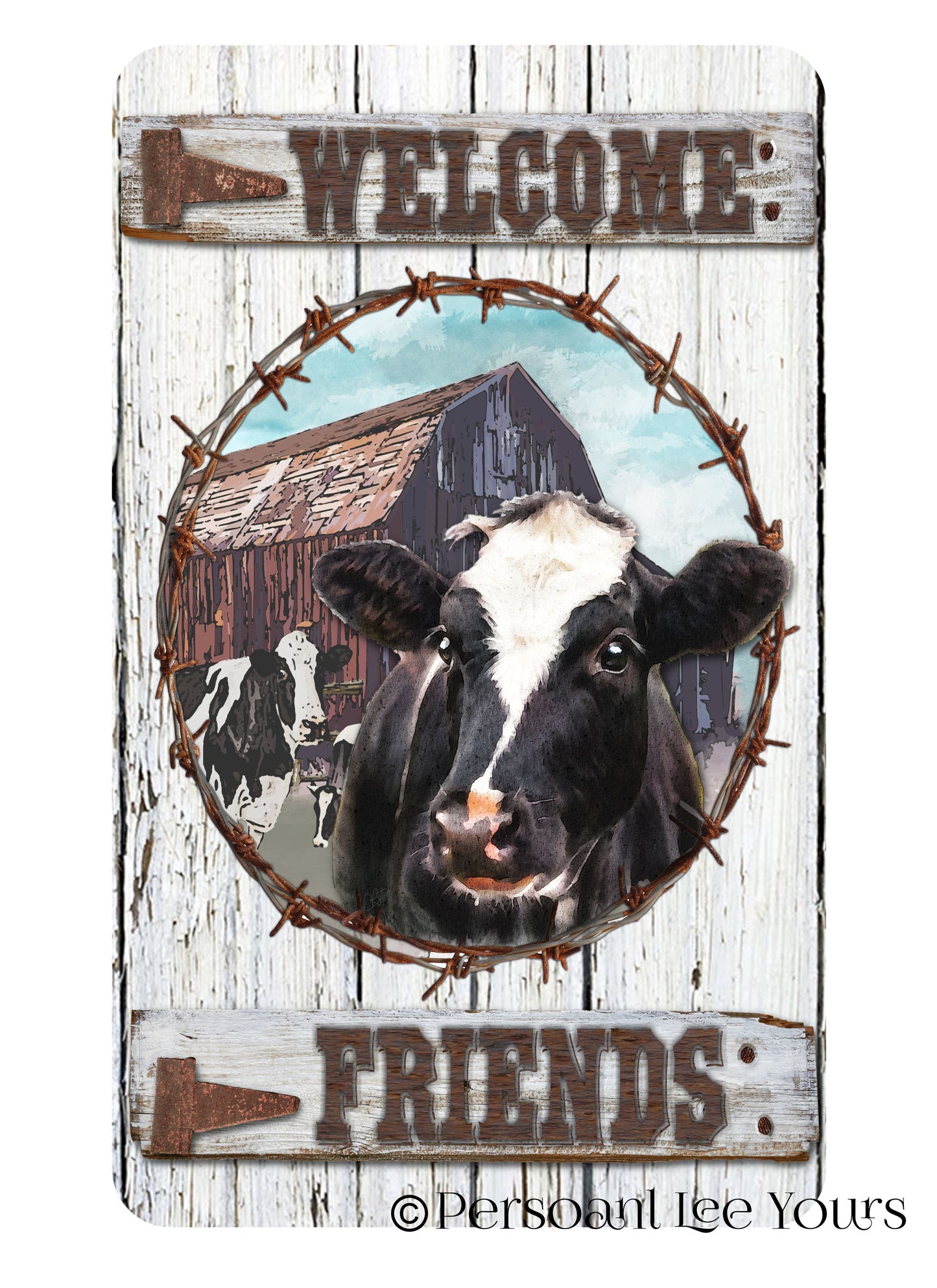 Farmhouse Wreath Sign *  Welcome Friends * Cow * 3 Sizes * Lightweight Metal