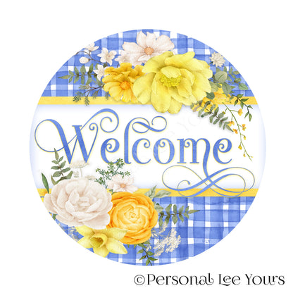 Wreath Sign * Yellow and Blue Welcome * Round* Lightweight Metal