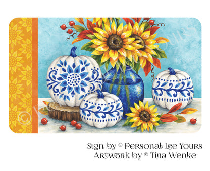 Tina Wenke Exclusive Sign * Blue And White Pumpkins * Horizontal * 3 Sizes * Lightweight Metal