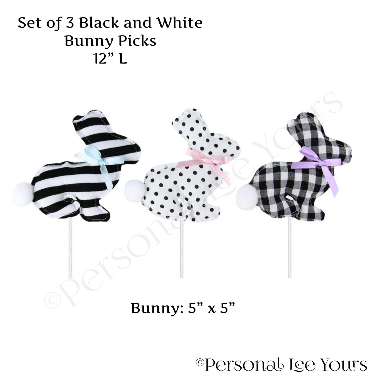 Plush Bunny Picks * Set of 3 * 12" tall * Black and White * 1 of Each Design * Bunny is 5" x 5" * HE4160