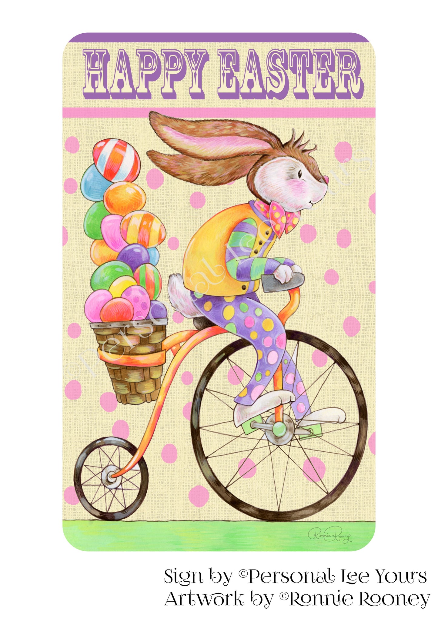 Ronnie Rooney Exclusive Sign * Happy Easter * Bunny On Bike * 3 Sizes * Lightweight Metal